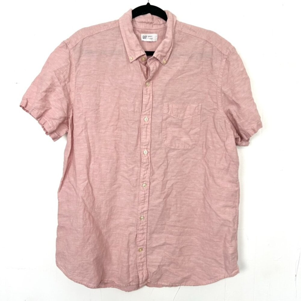 Gap Linen Blend Short Sleeve Button Down‎ Shirt Pink Standard Fit XL - Picture 1 of 4